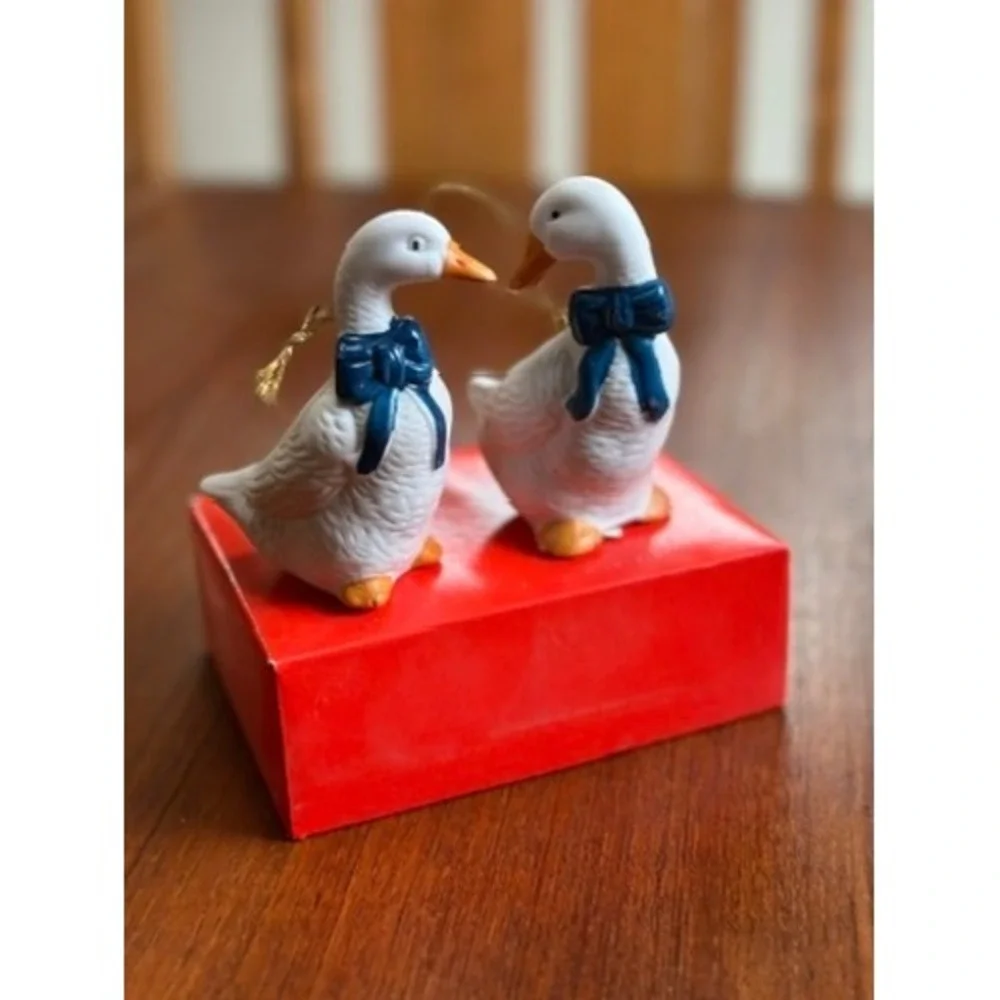 Unbranded Porcelain Goose Ornaments Set of 2 White Blue Bow Vintage Christmas